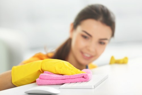 Domestic cleaner working in a modern SW11 apartment kitchen